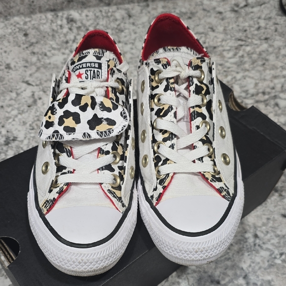 Converse Double Double White, Leopard Print Sneakers w/Red Accents, Size 6 - Picture 1 of 10